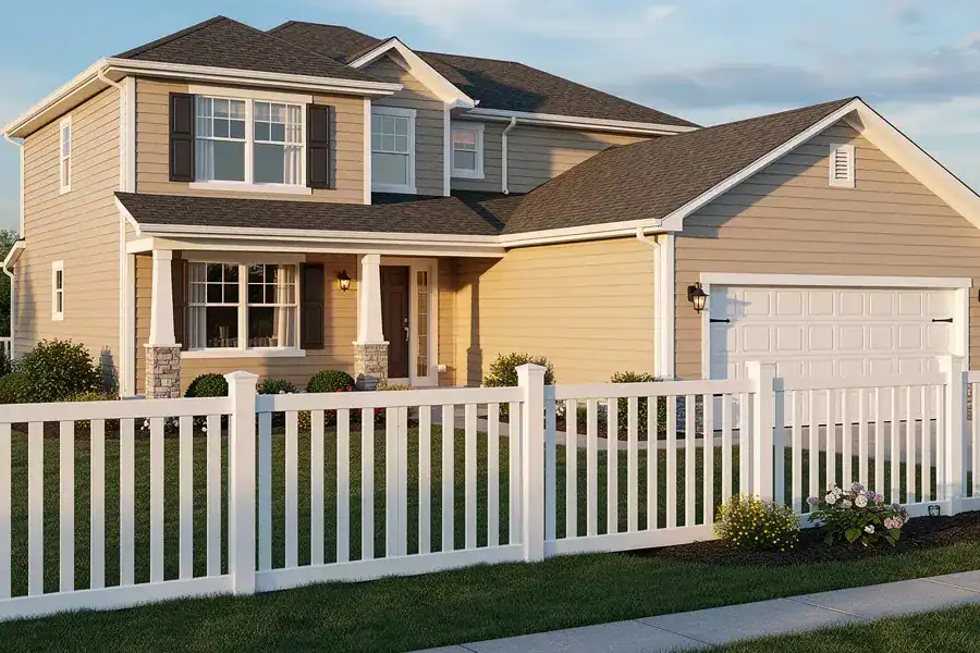 The image shows a modern house surrounded by a well-maintained vinyl fence
