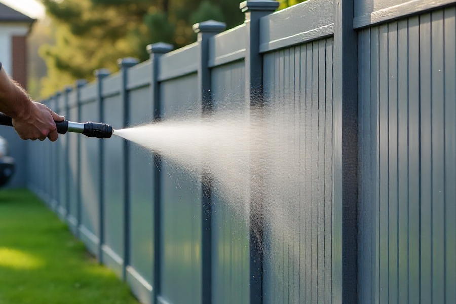 man pressure-washing a vinyl fence