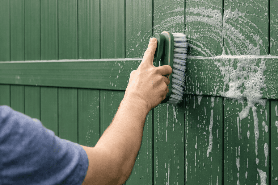 man scrubbiong a green vinyl fence with a brush and soapy water