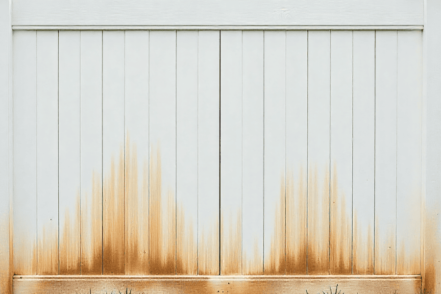 white vinyl fence with brown stains
